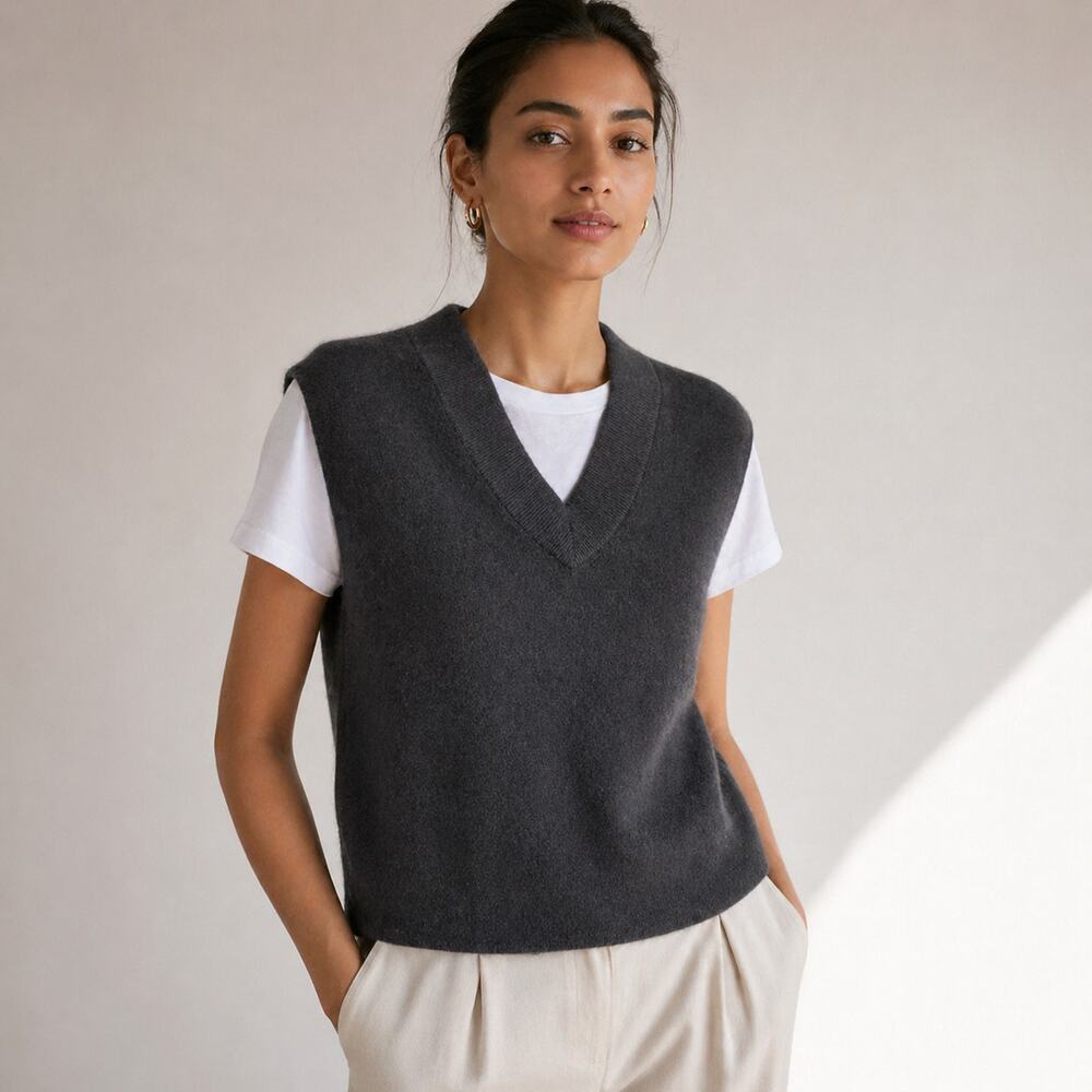 Aqua Cashmere 100% Cashmere Super Brushed V Neck Sweater Vest Womens L Exclusive